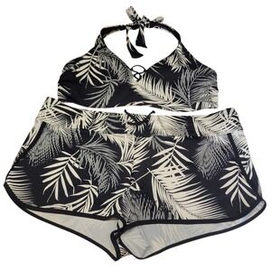 Athleta Bikini Set Palm Print Halter Top 40D/DD Underwire Board Shorts XL C668